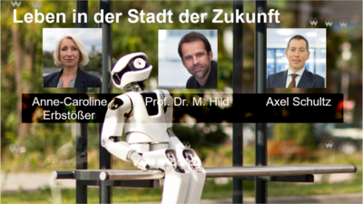 LNDW-Podcast, Folge 9: Leben in der Stadt der Zukunft", hinten: Roboterplattform Myon, Gäste der Sendung: Anne-Caroline Erbstößer (Technologie Stiftung Berlin), Prof. Dr. Manfred Hild (Beuth Hochschule für Technik Berlin), Axel Schultz (Siemens AG)