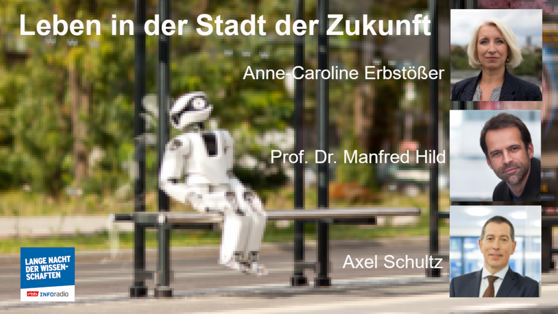 LNDW-Podcast, Folge 9: Leben in der Stadt der Zukunft", links: Roboterplattform Myon, re. Gäste der Sendung: Anne-Caroline Erbstößer (Technologie Stiftung Berlin), Prof. Dr. Manfred Hild (Beuth Hochschule für Technik Berlin), Axel Schultz (Siemens AG)