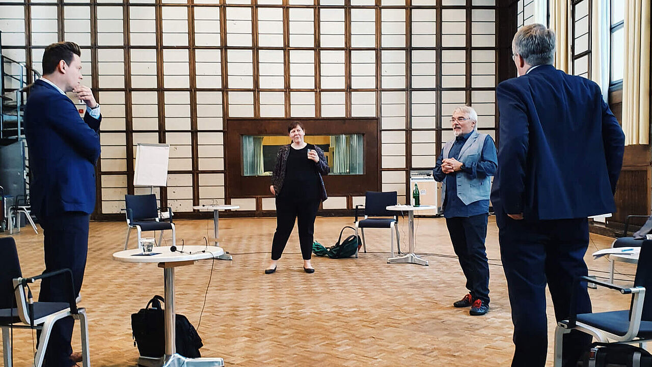 V.l.n.r.: Prof. Radel, Dr. Eisenmann, Th. Prinzler, Prof. Panne bei der Aufnahme des LNDW-Podcasts im Kleinen Rundfunksaal des rbb, Foto: LNDW/LHLK 2020